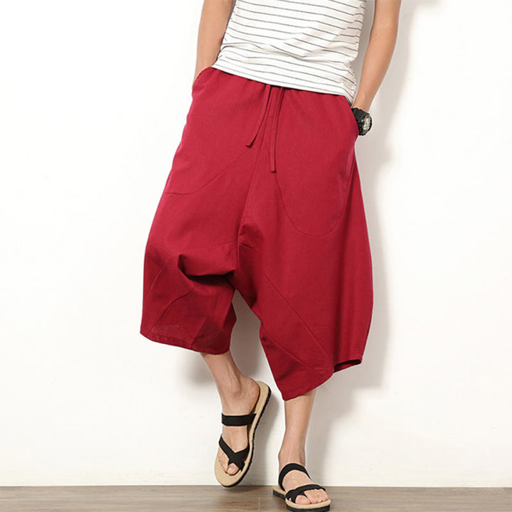 Pantalones de lino y algodón con cordón ajustable para hombre, de longitud 7-8, con pernera ancha y bolsillos, diseño simple de patchwork y Buddha Stones , primavera - Carmesí - US/UK/AU46, EU56 (5XL) - image 11