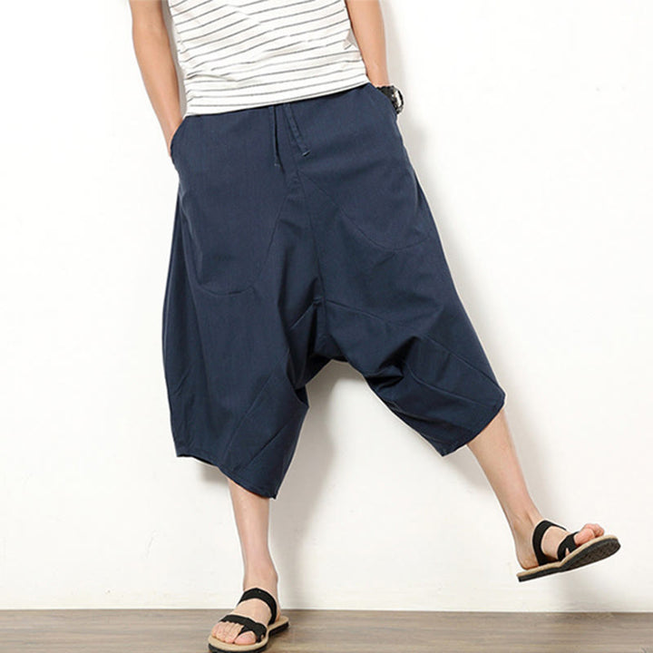 Pantalones de lino y algodón con cordón ajustable para hombre, de longitud 7-8, con pernera ancha y bolsillos, diseño simple de patchwork y Buddha Stones , primavera - image 4