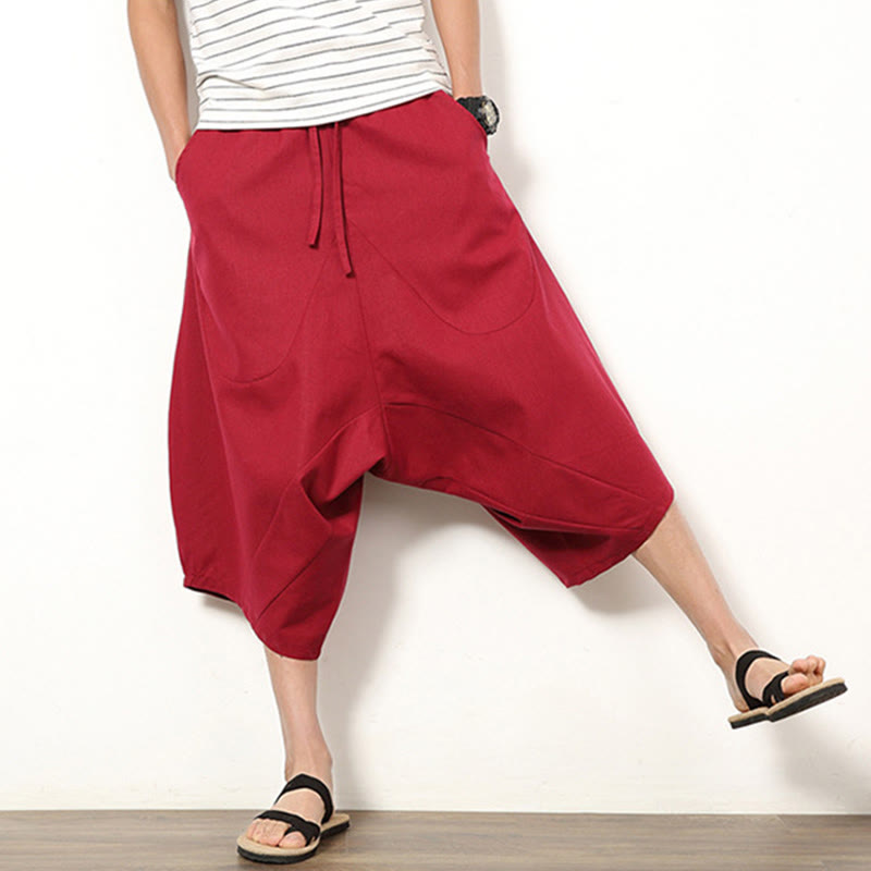Pantalones de lino y algodón con cordón ajustable para hombre, de longitud 7-8, con pernera ancha y bolsillos, diseño simple de patchwork y Buddha Stones , primavera - image 12
