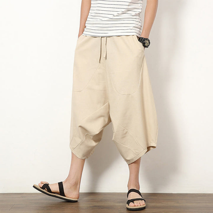 Pantalones de lino y algodón con cordón ajustable para hombre, de longitud 7-8, con pernera ancha y bolsillos, diseño simple de patchwork y Buddha Stones , primavera - Beige - US/UK/AU46, EU56 (5XL) - image 6