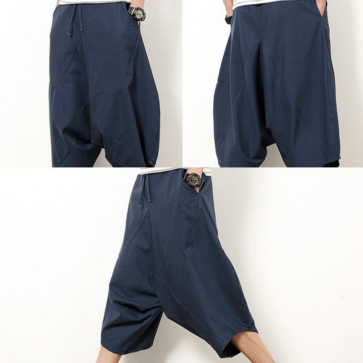 Pantalones de lino y algodón con cordón ajustable para hombre, de longitud 7-8, con pernera ancha y bolsillos, diseño simple de patchwork y Buddha Stones , primavera - image 5