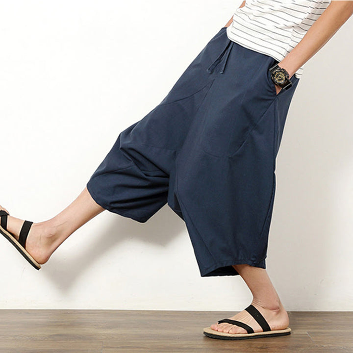 Pantalones de lino y algodón con cordón ajustable para hombre, de longitud 7-8, con pernera ancha y bolsillos, diseño simple de patchwork y Buddha Stones , primavera - image 2