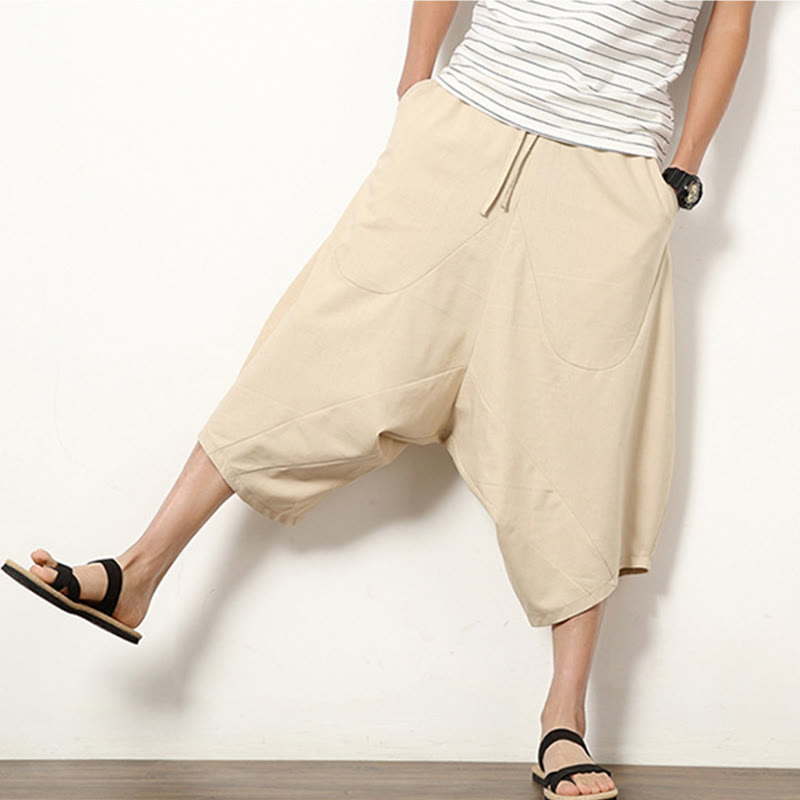 Pantalones de lino y algodón con cordón ajustable para hombre, de longitud 7-8, con pernera ancha y bolsillos, diseño simple de patchwork y Buddha Stones , primavera - image 8