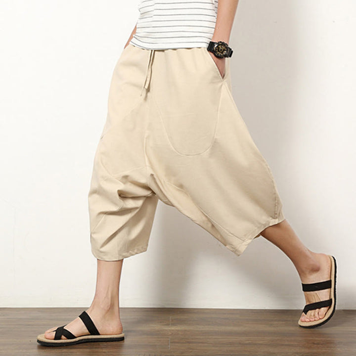 Pantalones de lino y algodón con cordón ajustable para hombre, de longitud 7-8, con pernera ancha y bolsillos, diseño simple de patchwork y Buddha Stones , primavera - image 9