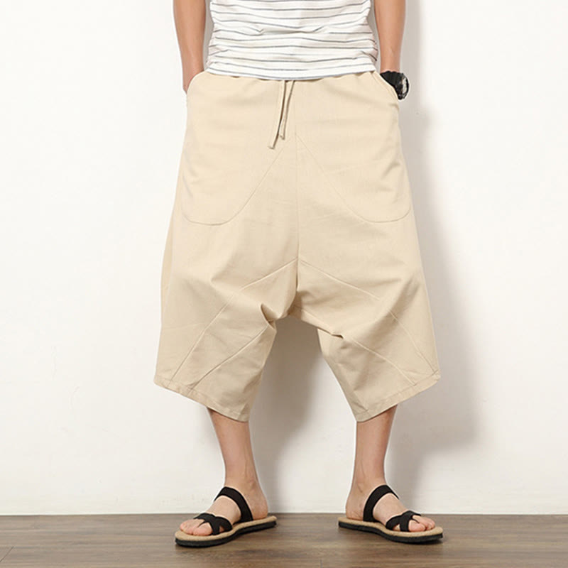 Pantalones de lino y algodón con cordón ajustable para hombre, de longitud 7-8, con pernera ancha y bolsillos, diseño simple de patchwork y Buddha Stones , primavera - image 7