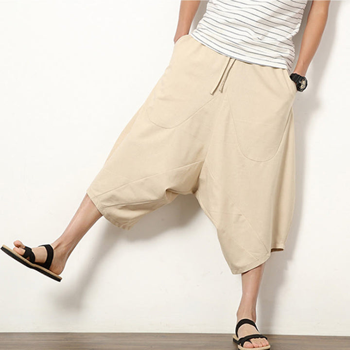 Pantalones de lino y algodón con cordón ajustable para hombre, de longitud 7-8, con pernera ancha y bolsillos, diseño simple de patchwork y Buddha Stones , primavera - image 8