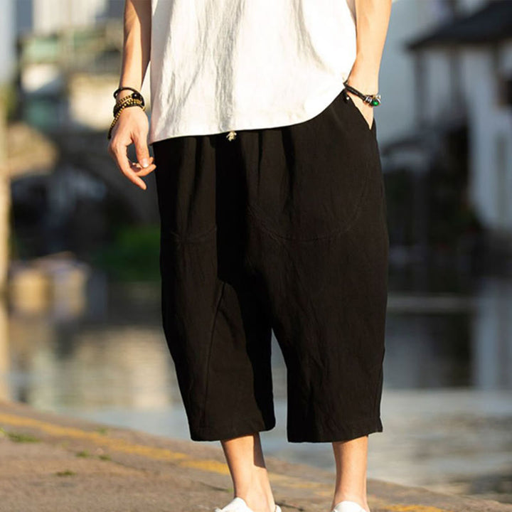 Pantalones de lino y algodón con diseño plisado de Buddha Stones para hombre, de verano, con cordón ajustable, de largo 7-8 y bolsillos - image 7