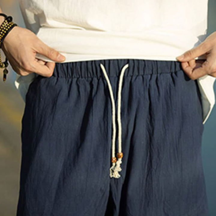 Pantalones de lino y algodón con diseño plisado de Buddha Stones para hombre, de verano, con cordón ajustable, de largo 7-8 y bolsillos - image 15