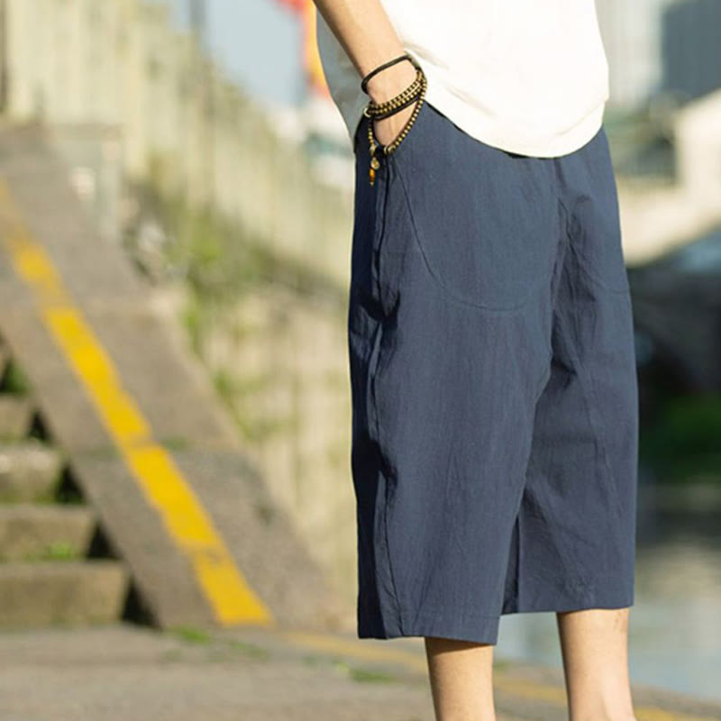 Pantalones de lino y algodón con diseño plisado de Buddha Stones para hombre, de verano, con cordón ajustable, de largo 7-8 y bolsillos - image 13