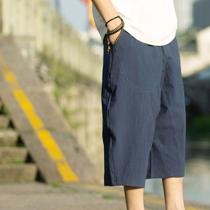 Pantalones de lino y algodón con diseño plisado de Buddha Stones para hombre, de verano, con cordón ajustable, de largo 7-8 y bolsillos - image 13