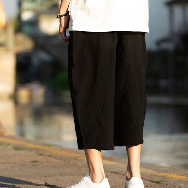 Pantalones de lino y algodón con diseño plisado de Buddha Stones para hombre, de verano, con cordón ajustable, de largo 7-8 y bolsillos - image 8