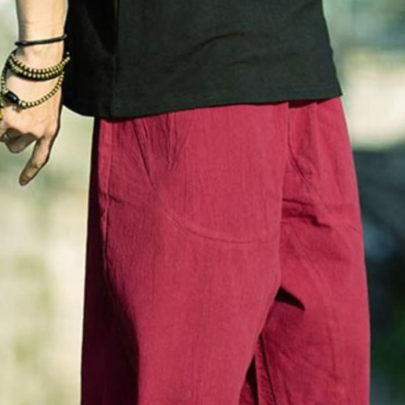 Pantalones de lino y algodón con diseño plisado de Buddha Stones para hombre, de verano, con cordón ajustable, de largo 7-8 y bolsillos - image 24