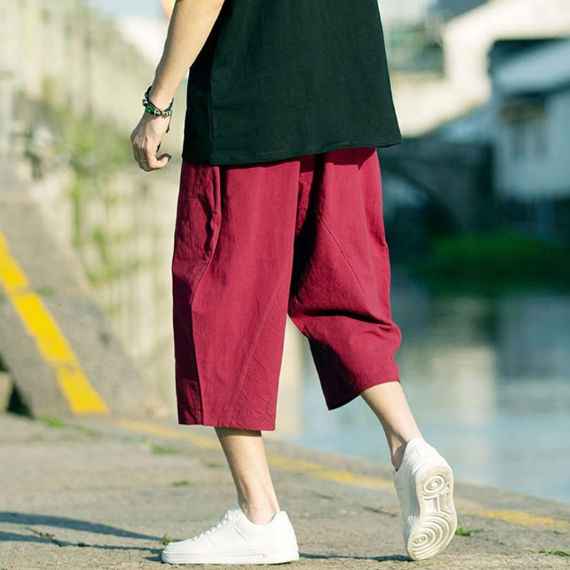 Pantalones de lino y algodón con diseño plisado de Buddha Stones para hombre, de verano, con cordón ajustable, de largo 7-8 y bolsillos - image 19