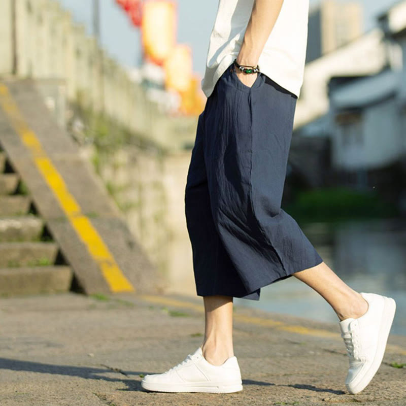 Pantalones de lino y algodón con diseño plisado de Buddha Stones para hombre, de verano, con cordón ajustable, de largo 7-8 y bolsillos - image 14