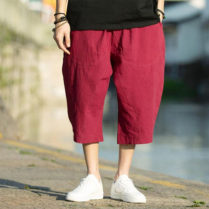 Pantalones de lino y algodón con diseño plisado de Buddha Stones para hombre, de verano, con cordón ajustable, de largo 7-8 y bolsillos - image 22