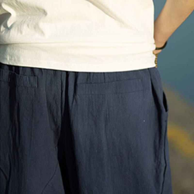 Pantalones de lino y algodón con diseño plisado de Buddha Stones para hombre, de verano, con cordón ajustable, de largo 7-8 y bolsillos - image 16