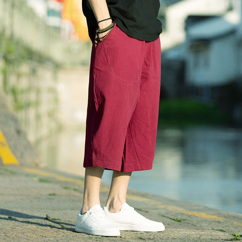 Pantalones de lino y algodón con diseño plisado de Buddha Stones para hombre, de verano, con cordón ajustable, de largo 7-8 y bolsillos - Carmesí - US/UK/AU46, EU56 (5XL) - image 18