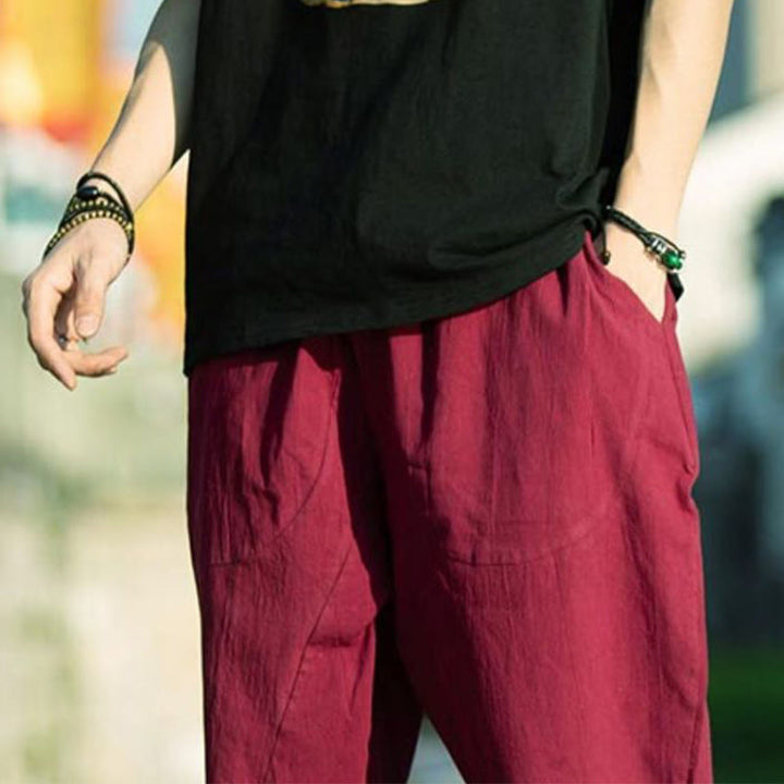 Pantalones de lino y algodón con diseño plisado de Buddha Stones para hombre, de verano, con cordón ajustable, de largo 7-8 y bolsillos - image 23