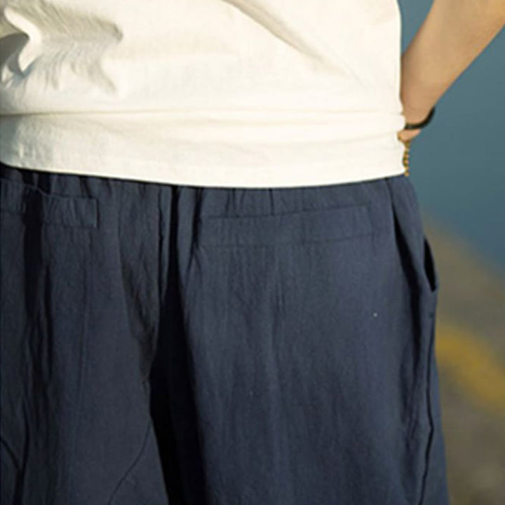 Pantalones de lino y algodón con diseño plisado de Buddha Stones para hombre, de verano, con cordón ajustable, de largo 7-8 y bolsillos - image 16