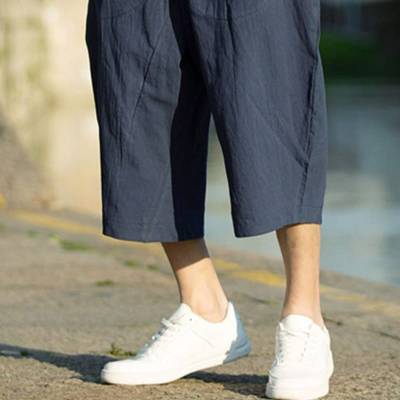 Pantalones de lino y algodón con diseño plisado de Buddha Stones para hombre, de verano, con cordón ajustable, de largo 7-8 y bolsillos - image 17