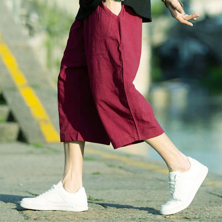 Pantalones de lino y algodón con diseño plisado de Buddha Stones para hombre, de verano, con cordón ajustable, de largo 7-8 y bolsillos - image 20