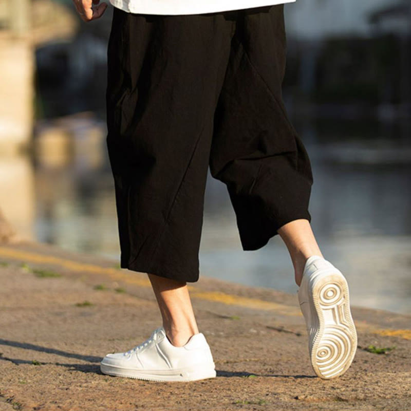 Pantalones de lino y algodón con diseño plisado de Buddha Stones para hombre, de verano, con cordón ajustable, de largo 7-8 y bolsillos - image 6