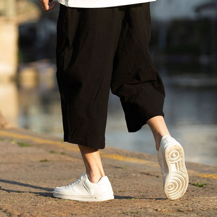 Pantalones de lino y algodón con diseño plisado de Buddha Stones para hombre, de verano, con cordón ajustable, de largo 7-8 y bolsillos - image 6