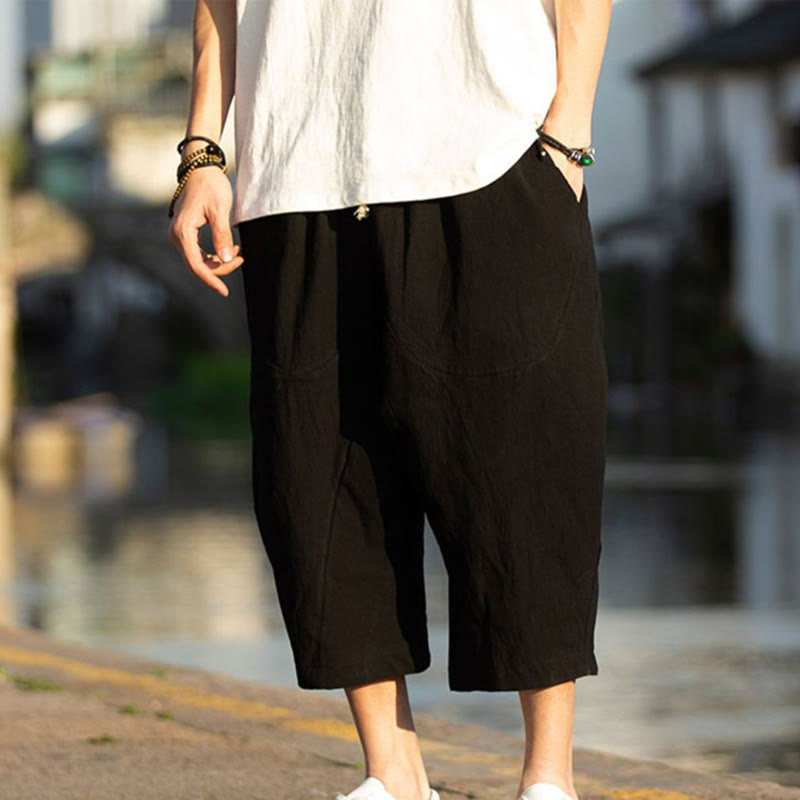 Pantalones de lino y algodón con diseño plisado de Buddha Stones para hombre, de verano, con cordón ajustable, de largo 7-8 y bolsillos - image 8