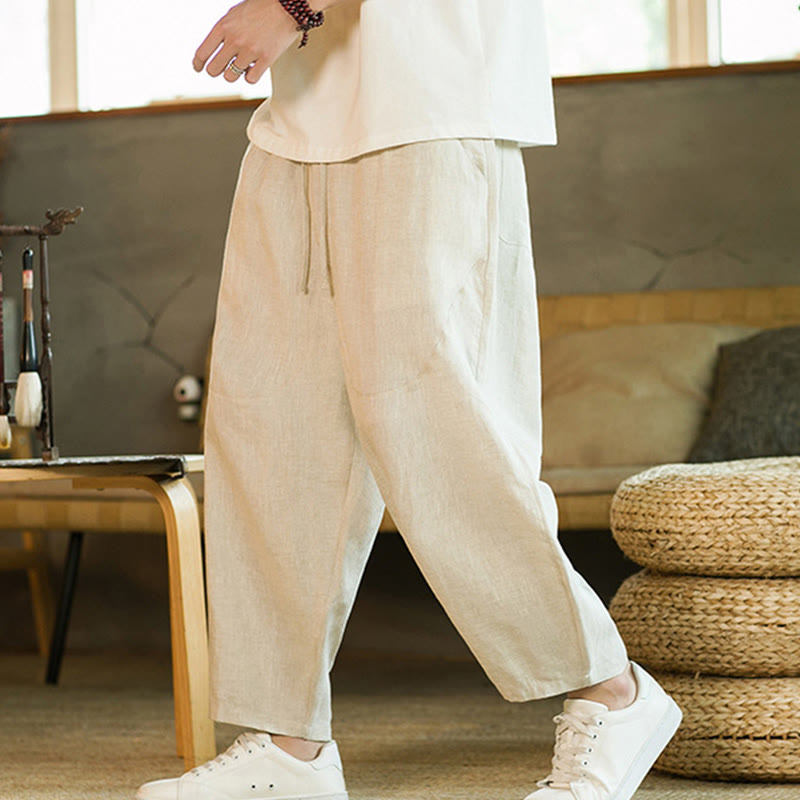 Pantalones harén de lino con cintura elástica y bolsillos para hombre, estilo retro, informal, de color sólido, con diseño simple y cordón ajustable. - Beige - US/UK/AU46, EU56 (5XL) - image 0