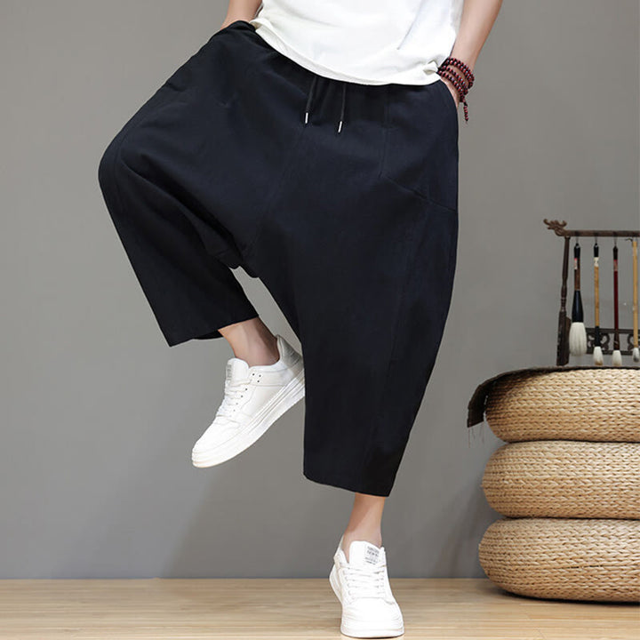 Pantalones casuales Buddha Stones de algodón con cintura elástica, pierna ancha y bolsillos, con cordón ajustable y diseño de entrepierna baja para hombre.
