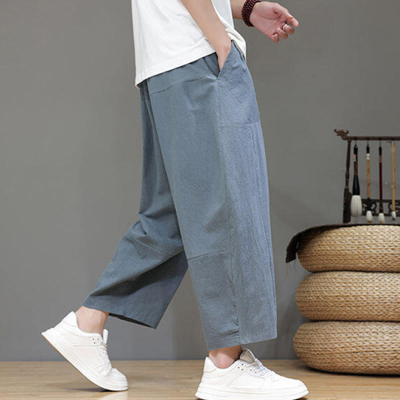Pantalones casuales Buddha Stones de algodón con cintura elástica, pierna ancha y bolsillos, con cordón ajustable y diseño de entrepierna baja para hombre.