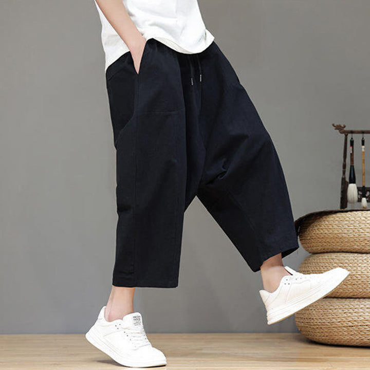 Pantalones casuales Buddha Stones de algodón con cintura elástica, pierna ancha y bolsillos, con cordón ajustable y diseño de entrepierna baja para hombre.