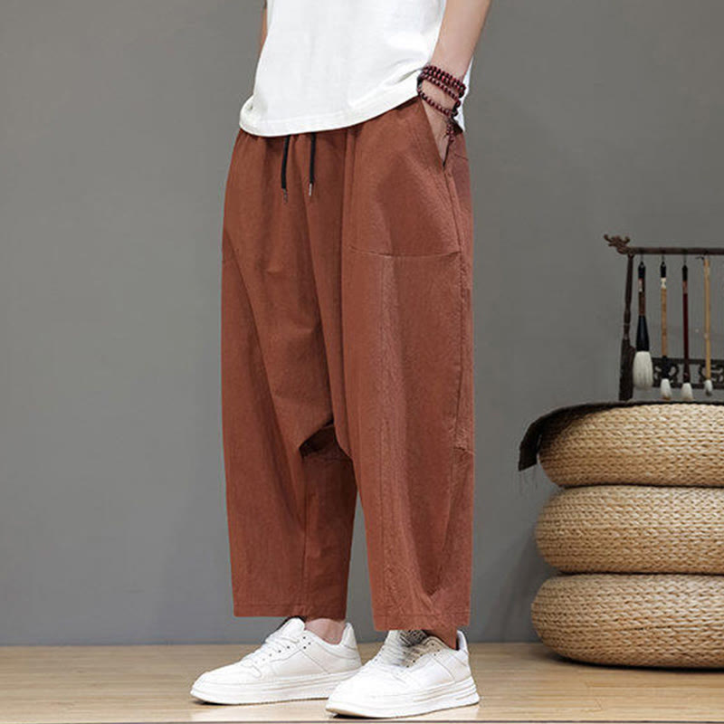 Pantalones casuales Buddha Stones de algodón con cintura elástica, pierna ancha y bolsillos, con cordón ajustable y diseño de entrepierna baja para hombre.