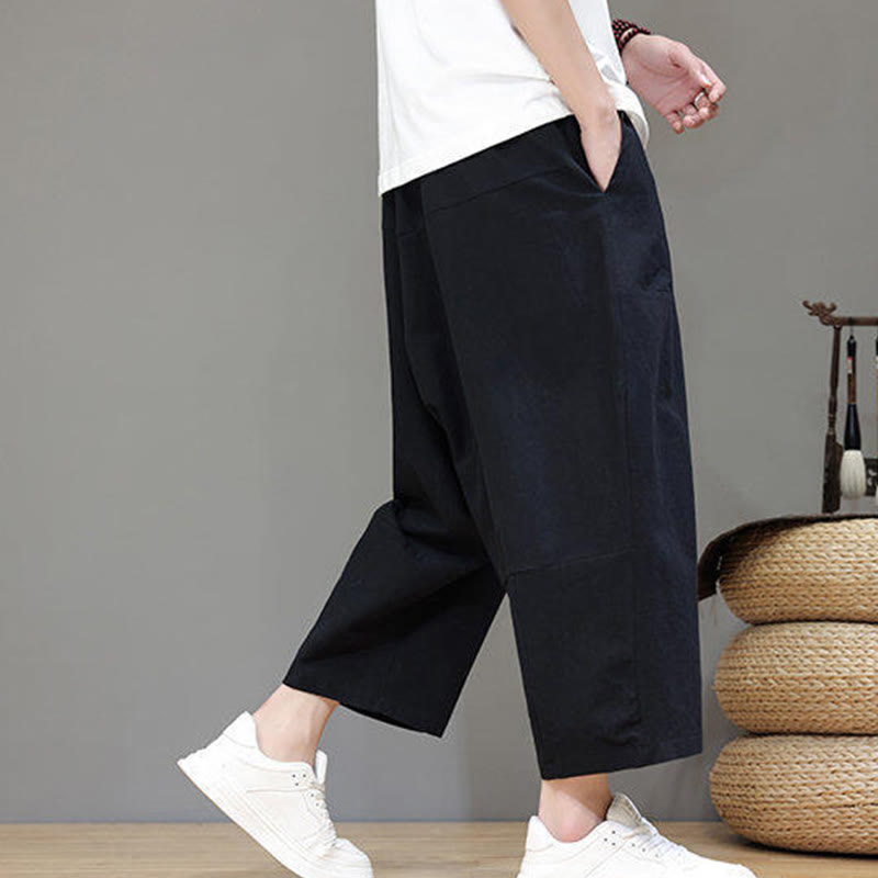 Pantalones casuales Buddha Stones de algodón con cintura elástica, pierna ancha y bolsillos, con cordón ajustable y diseño de entrepierna baja para hombre.