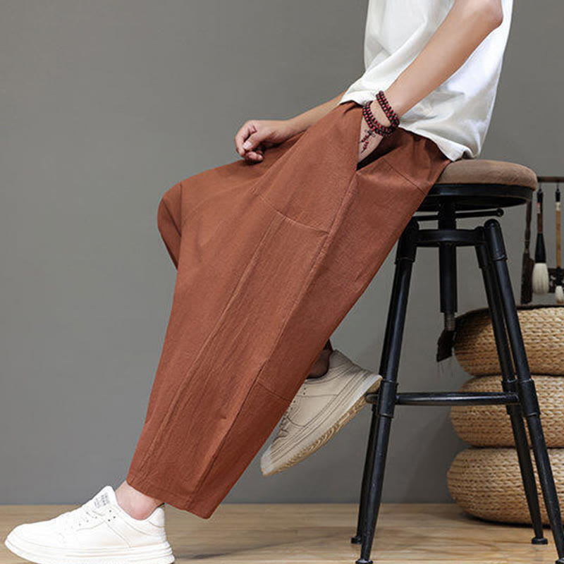 Pantalones casuales Buddha Stones de algodón con cintura elástica, pierna ancha y bolsillos, con cordón ajustable y diseño de entrepierna baja para hombre.