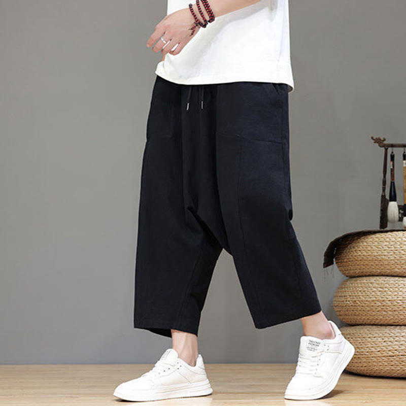 Pantalones casuales Buddha Stones de algodón con cintura elástica, pierna ancha y bolsillos, con cordón ajustable y diseño de entrepierna baja para hombre.