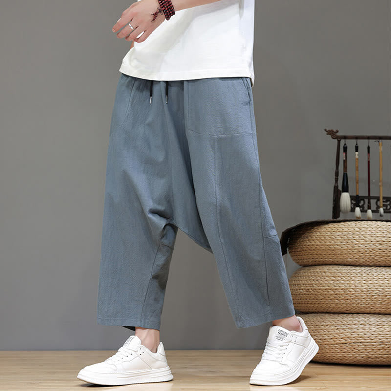 Pantalones casuales Buddha Stones de algodón con cintura elástica, pierna ancha y bolsillos, con cordón ajustable y diseño de entrepierna baja para hombre.
