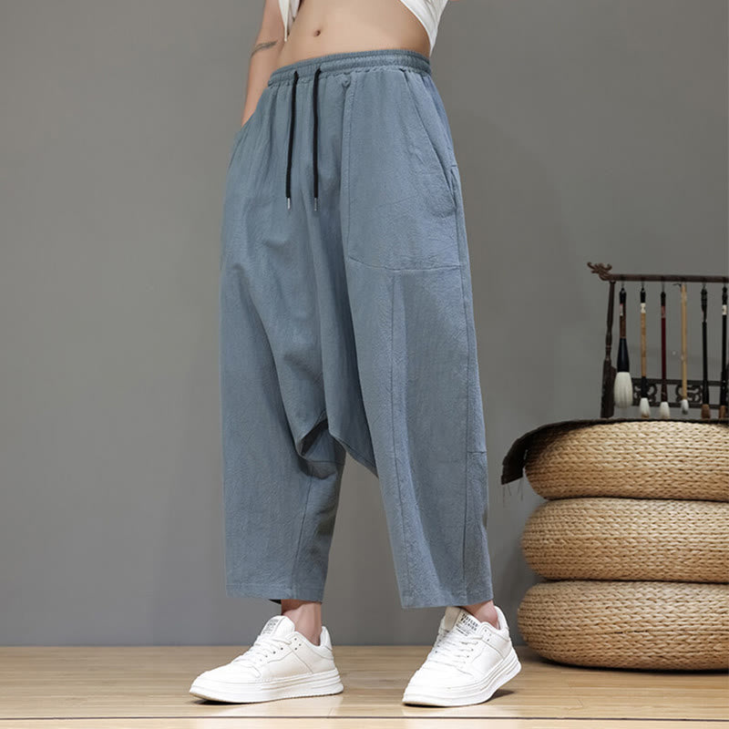 Pantalones casuales Buddha Stones de algodón con cintura elástica, pierna ancha y bolsillos, con cordón ajustable y diseño de entrepierna baja para hombre.
