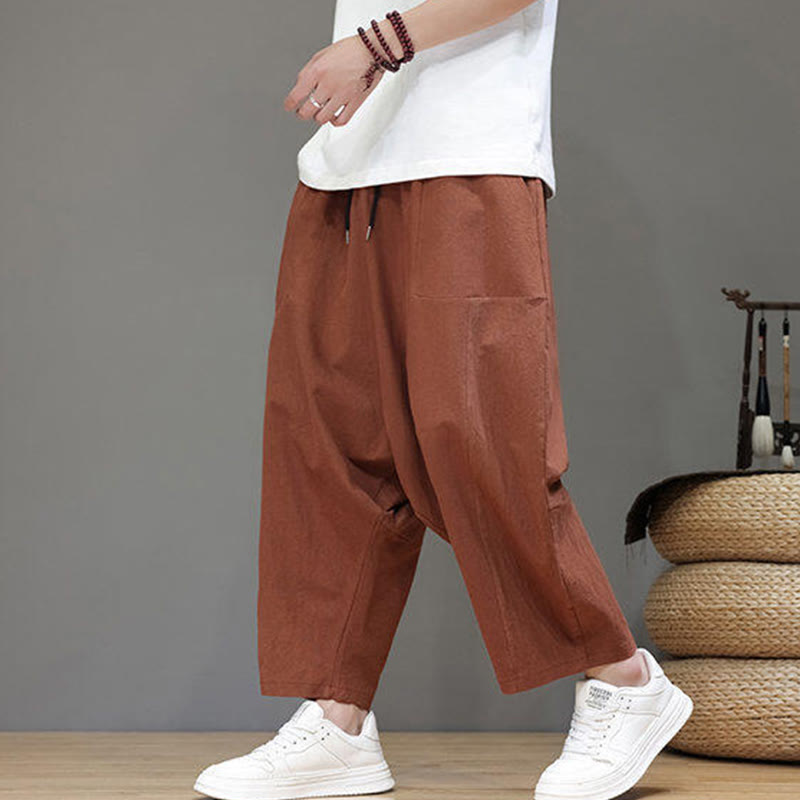 Pantalones casuales Buddha Stones de algodón con cintura elástica, pierna ancha y bolsillos, con cordón ajustable y diseño de entrepierna baja para hombre.