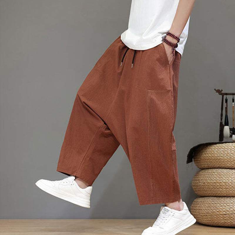 Pantalones casuales Buddha Stones de algodón con cintura elástica, pierna ancha y bolsillos, con cordón ajustable y diseño de entrepierna baja para hombre. - image 26