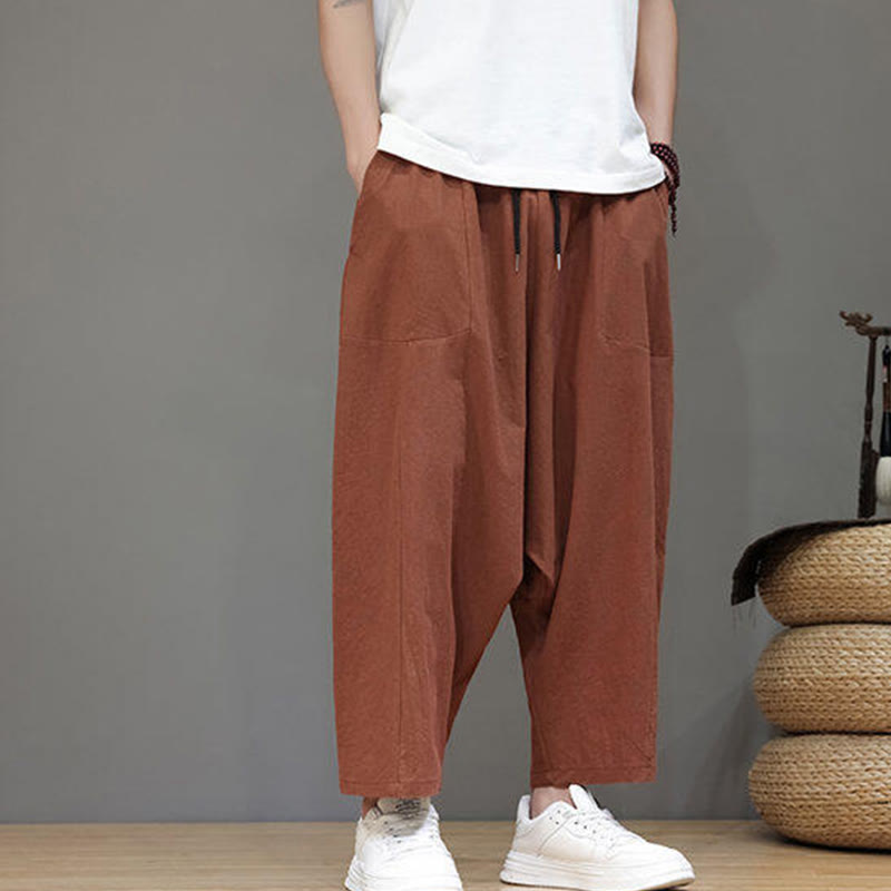 Pantalones casuales Buddha Stones de algodón con cintura elástica, pierna ancha y bolsillos, con cordón ajustable y diseño de entrepierna baja para hombre.