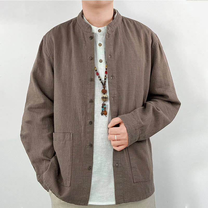 Camisa informal de lino y algodón con bolsillos para hombre, de color liso y ramio , con Buddha Stones - image 9