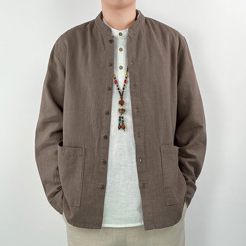 Camisa informal de lino y algodón con bolsillos para hombre, de color liso y ramio , con Buddha Stones