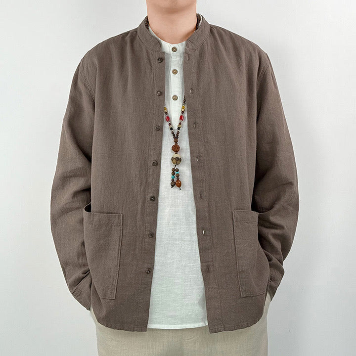 Camisa informal de lino y algodón con bolsillos para hombre, de color liso y ramio , con Buddha Stones