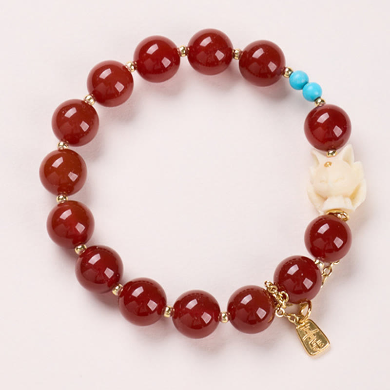 Pulsera de confianza con Buddha Stones, zorro de nueve colas, ágata roja, marfil, fruta, chapado en cobre y oro.