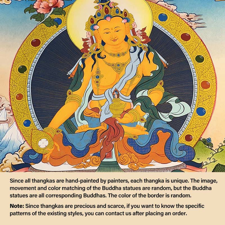 Pintura Thangka tibetana con Buddha Stones , amarillo, Dios de la Riqueza, Tara Avalokitesvara verde, decoración hecha a mano, caja ciega (estilo aleatorio)