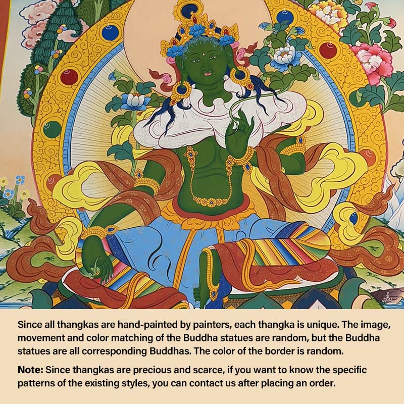 Pintura Thangka tibetana con Buddha Stones , amarillo, Dios de la Riqueza, Tara Avalokitesvara verde, decoración hecha a mano, caja ciega (estilo aleatorio)