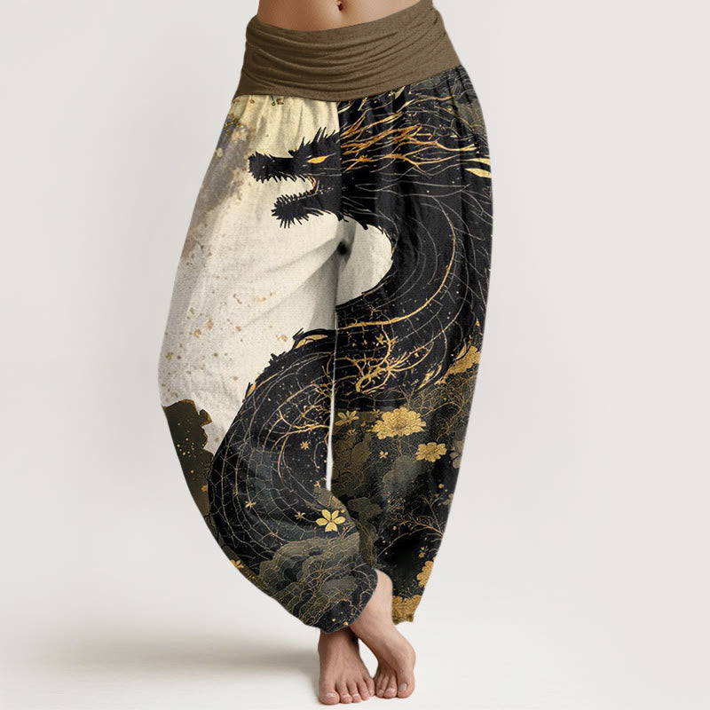 Pantalones bombachos de cintura elástica para mujer con estampado informal de piedras de Buddha Stones, dragón y árbol antiguo, de algodón. - Negro - US22，UK/AU26，EU54 (6XL) - image 0