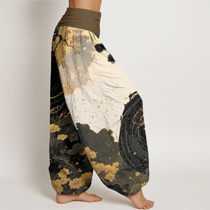 Pantalones bombachos de cintura elástica para mujer con estampado informal de piedras de Buddha Stones, dragón y árbol antiguo, de algodón. - image 1