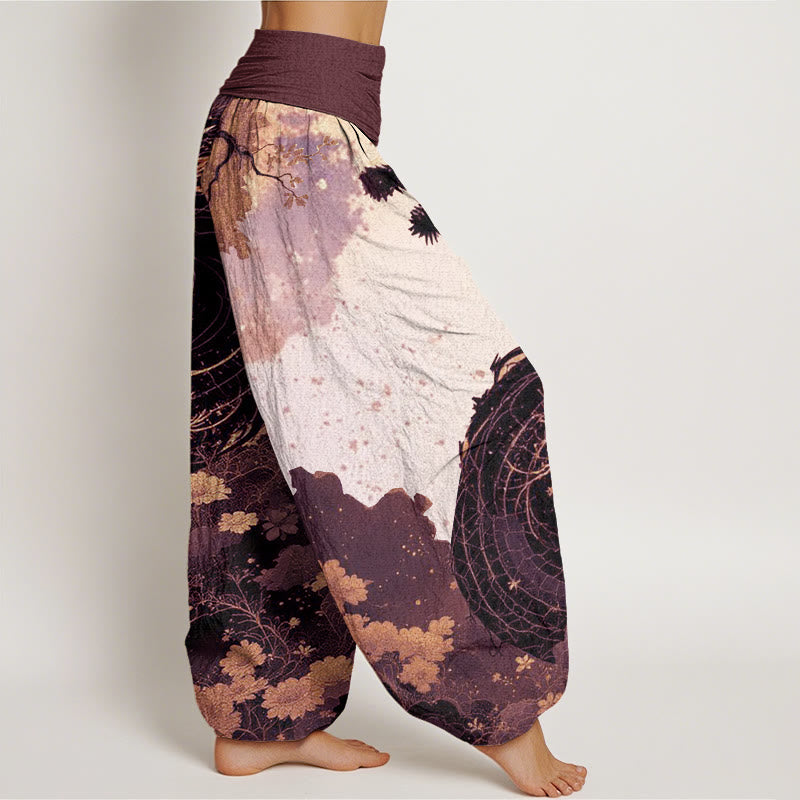 Pantalones bombachos de cintura elástica para mujer con estampado informal de piedras de Buddha Stones, dragón y árbol antiguo, de algodón. - image 5